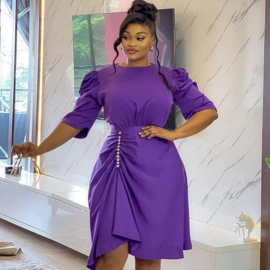 Women Fashion Elegant Solid Color Short Sleeve Pleated Dress