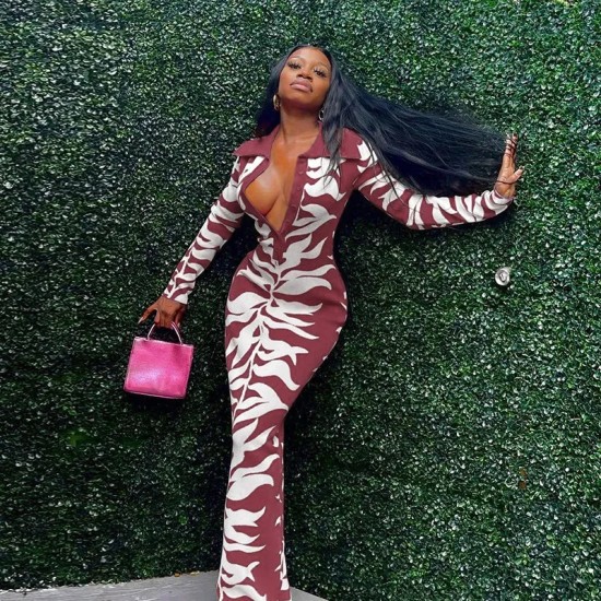 Women Fashion Sexy Printed Lapel-Breasted Long-Sleeve Slim Fit Dress