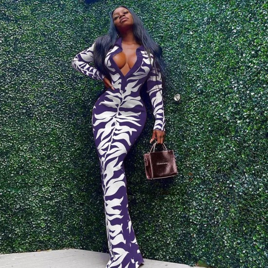 Women Fashion Sexy Printed Lapel-Breasted Long-Sleeve Slim Fit Dress