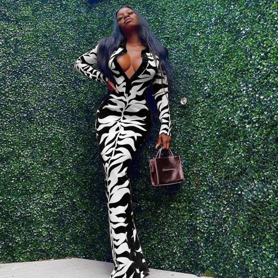 Women Fashion Sexy Printed Lapel-Breasted Long-Sleeve Slim Fit Dress