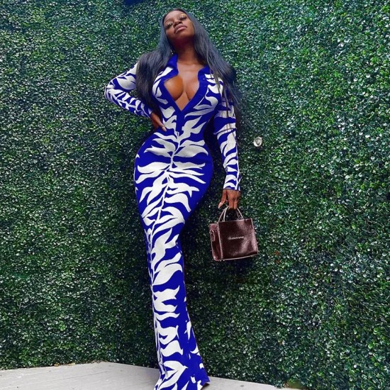 Women Fashion Sexy Printed Lapel-Breasted Long-Sleeve Slim Fit Dress