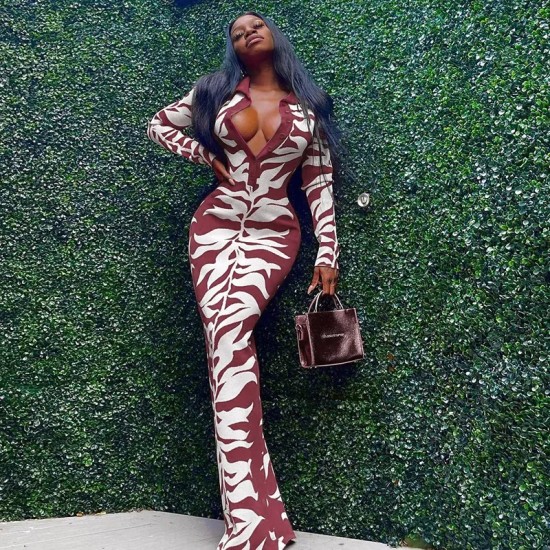 Women Fashion Sexy Printed Lapel-Breasted Long-Sleeve Slim Fit Dress