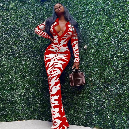 Women Fashion Sexy Printed Lapel-Breasted Long-Sleeve Slim Fit Dress