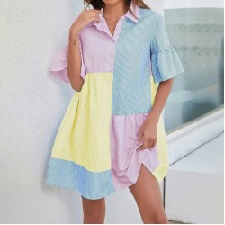 Women Fashion Casual Stripe Contrast Color Lapel Short Sleeve Loose Dress