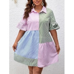 Women Fashion Casual Stripe Contrast Color Lapel Short Sleeve Loose Dress