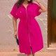 Women Fashion Casual Plus Size Solid Color Lapel Short Sleeve Zipper Loose Dress