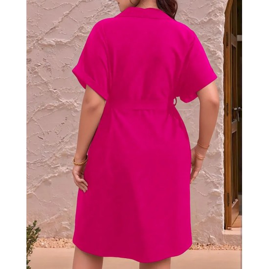 Women Fashion Casual Plus Size Solid Color Lapel Short Sleeve Zipper Loose Dress
