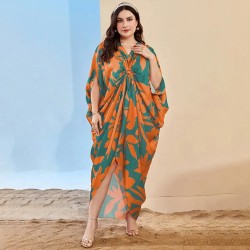 Women Fashion Elegant Print V-Neck Short-Sleeve Pleated Loose Dress