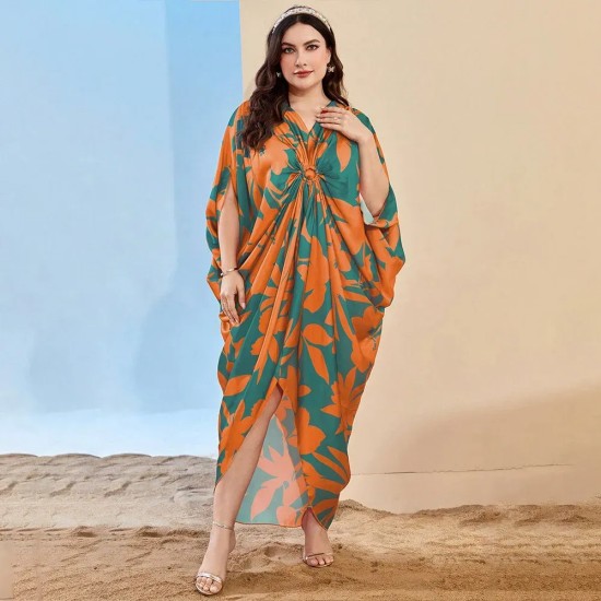 Women Fashion Elegant Print V-Neck Short-Sleeve Pleated Loose Dress