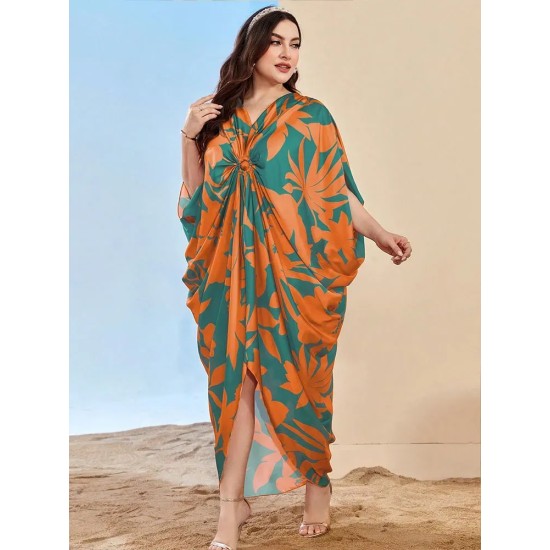 Women Fashion Elegant Print V-Neck Short-Sleeve Pleated Loose Dress