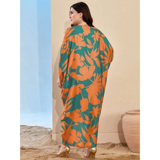 Women Fashion Elegant Print V-Neck Short-Sleeve Pleated Loose Dress