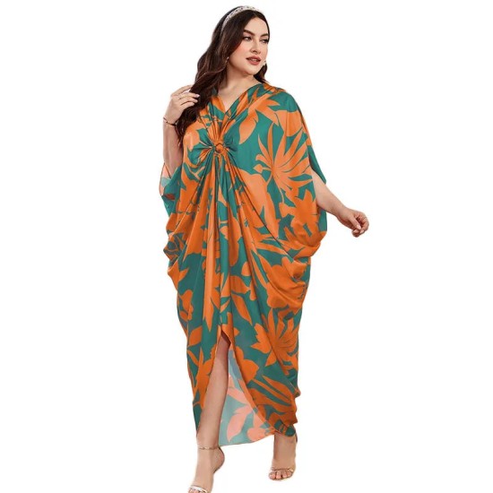 Women Fashion Elegant Print V-Neck Short-Sleeve Pleated Loose Dress