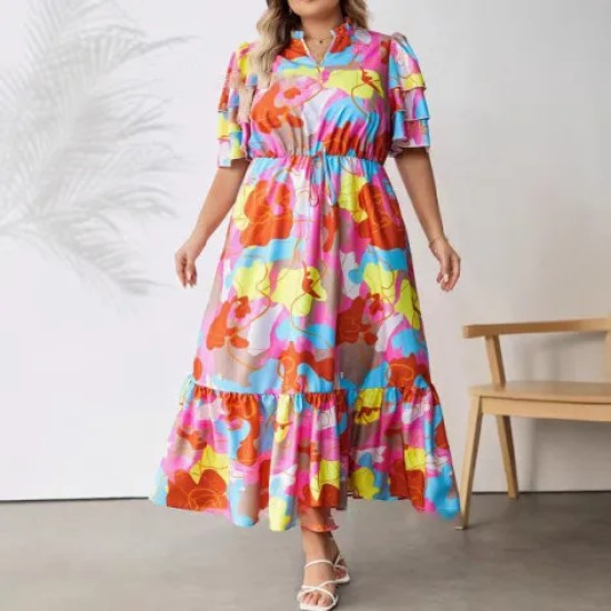 Women Fashion Casual Plus Size Printed V-Neck Short Sleeve Loose Dress