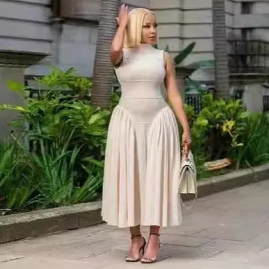 Women Fashion Elegant Solid Color Pleated Stitching Sleeveless Dress