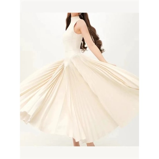 Women Fashion Elegant Solid Color Pleated Stitching Sleeveless Dress