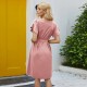 Women Fashion Casual Solid Color V-Neck Short Sleeve Lace-Up Loose Dress