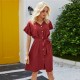 Women Fashion Casual Solid Color V-Neck Short Sleeve Lace-Up Loose Dress