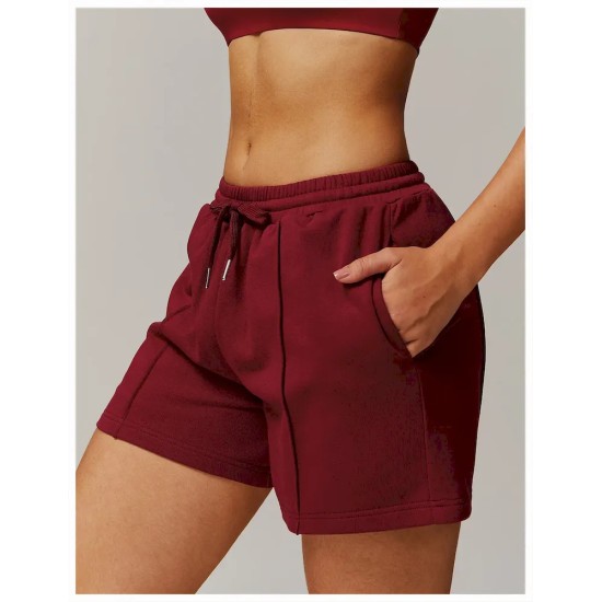 Women Fashion Casual Solid Color High Waist Pocket Loose Sports Shorts