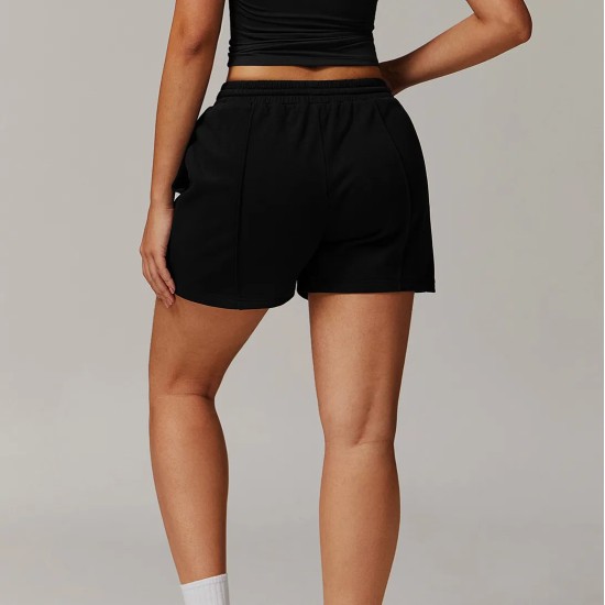 Women Fashion Casual Solid Color High Waist Pocket Loose Sports Shorts