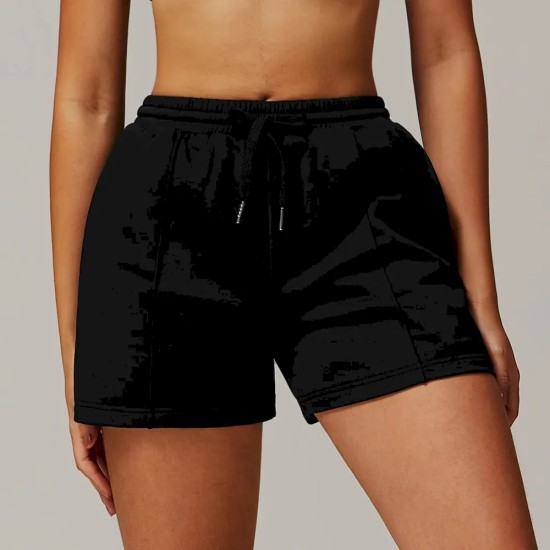 Women Fashion Casual Solid Color High Waist Pocket Loose Sports Shorts
