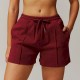 Women Fashion Casual Solid Color High Waist Pocket Loose Sports Shorts