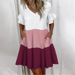 Women Fashion Casual Printed Color Block V-Neck Short-Sleeve Loose Dress
