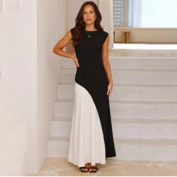 Women Fashion Elegant Color Matching Sleeveless Loose Dress