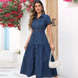Women Fashion Casual Lapel Short Sleeve Single Breasted Pleated Denim Dress