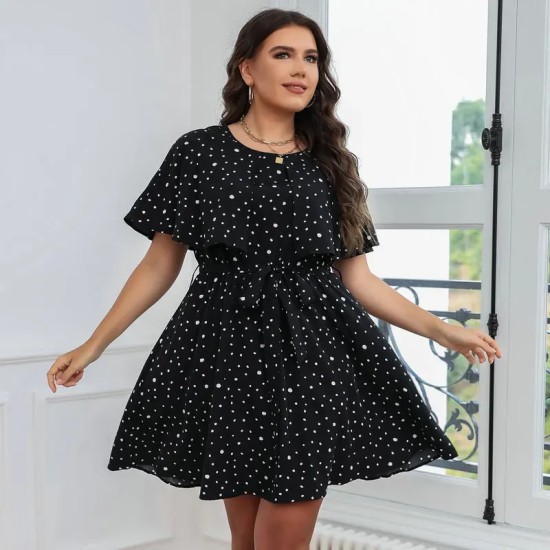 Summer Women Fashion Plus Size Polka Dot Print Short Sleeve Dress