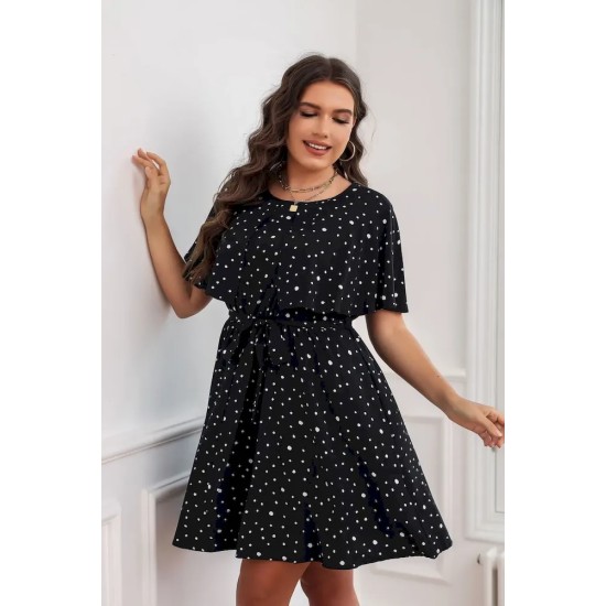 Summer Women Fashion Plus Size Polka Dot Print Short Sleeve Dress