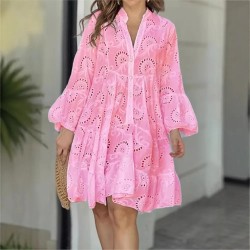 Women Fashion Casual Solid Color Lace Hollow V-Neck Long-Sleeve Loose Dress