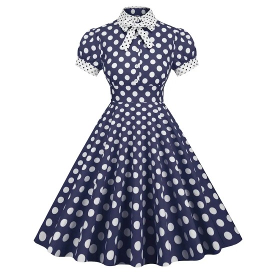 Women Fashion Elegant Dot Printed Lapel Short-Sleeve Pleated Dress