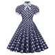 Women Fashion Elegant Dot Printed Lapel Short-Sleeve Pleated Dress