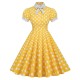 Women Fashion Elegant Dot Printed Lapel Short-Sleeve Pleated Dress