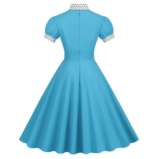 Women Fashion Elegant Dot Printed Lapel Short-Sleeve Pleated Dress