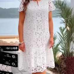 Women Fashion Elegant Solid Color Lace Short-Sleeve Loose Dress
