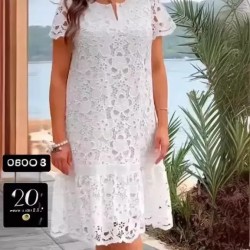 Women Fashion Elegant Solid Color Lace Short-Sleeve Loose Dress