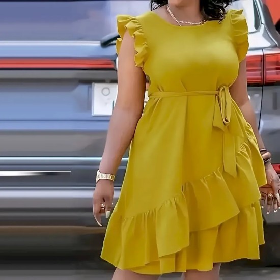 Summer Women Fashion Plus Size Solid Color Ruffled Defined Waist Lace-Up Dress