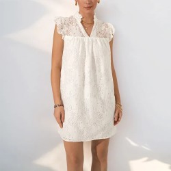 Women Fashion Elegant Simple Lace V-Neck Sleeveless Loose Dress