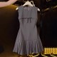 Women Fashion Elegant Solid Color Round-Neck Sleeveless Pleated Slim Fit Dress