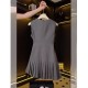 Women Fashion Elegant Solid Color Round-Neck Sleeveless Pleated Slim Fit Dress