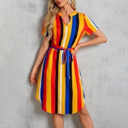 Women Fashion Casual Printed V-Neck Short Sleeve Lace-Up Dress