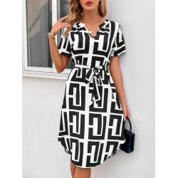 Women Fashion Casual Printed V-Neck Short Sleeve Lace-Up Dress