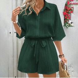 Women Fashion Casual Solid Color Lapel Short-Sleeve Lace-Up Rompers