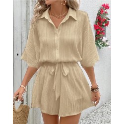 Women Fashion Casual Solid Color Lapel Short-Sleeve Lace-Up Rompers