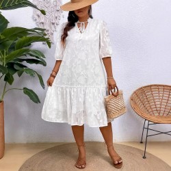 Women Fashion Elegant Plus Size Jacquard Stitching V-Neck Short-Sleeve Pleated Lace-Up Dress