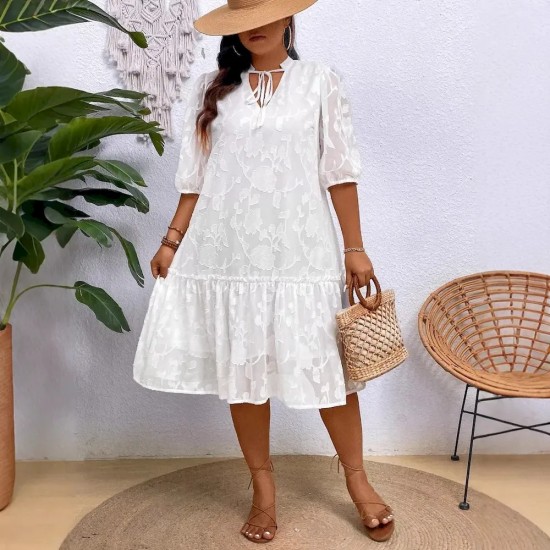 Women Fashion Elegant Plus Size Jacquard Stitching V-Neck Short-Sleeve Pleated Lace-Up Dress