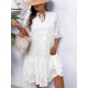 Women Fashion Elegant Plus Size Jacquard Stitching V-Neck Short-Sleeve Pleated Lace-Up Dress