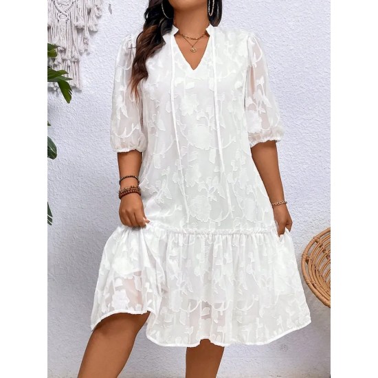 Women Fashion Elegant Plus Size Jacquard Stitching V-Neck Short-Sleeve Pleated Lace-Up Dress