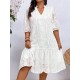 Women Fashion Elegant Plus Size Jacquard Stitching V-Neck Short-Sleeve Pleated Lace-Up Dress
